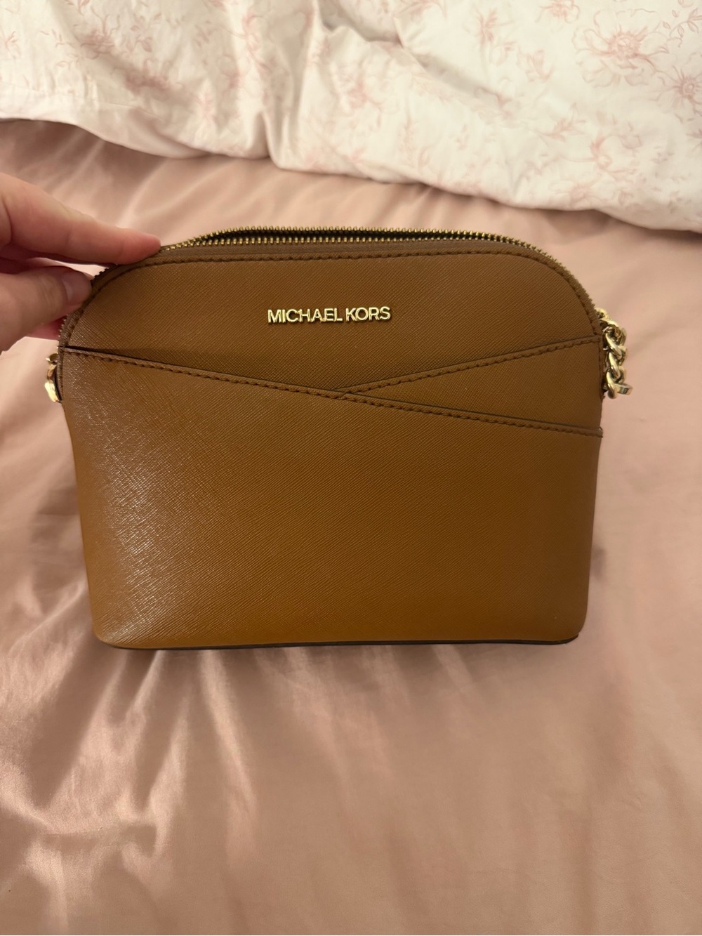 Michael Kors Brown Saffiano Leather Dome Crossbody with Gold Hardware